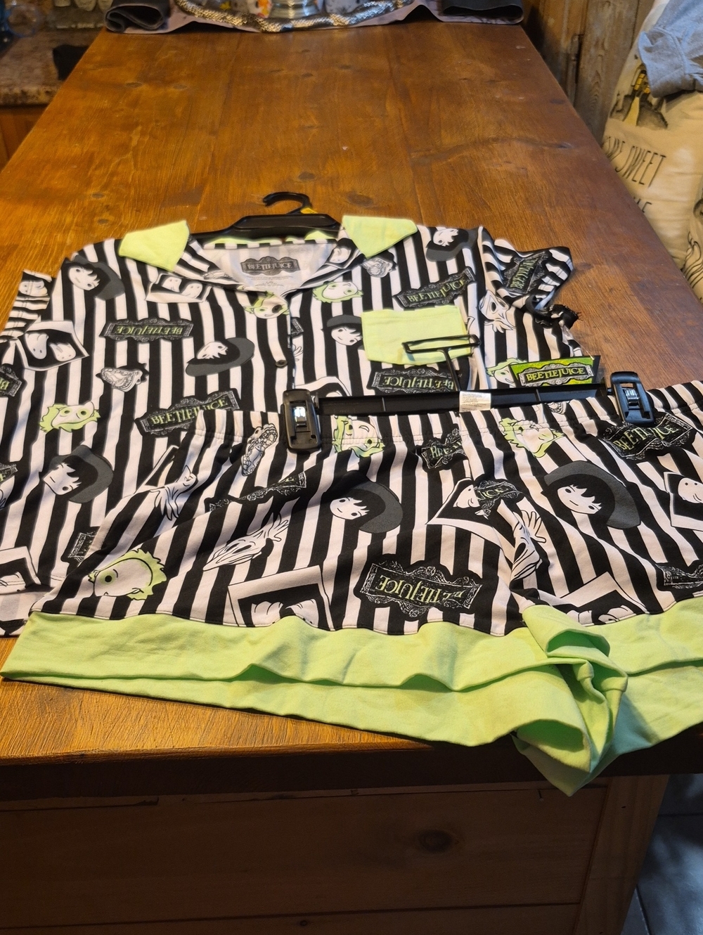 Beetlejuice Black & White Striped Top and Lime PJs Set